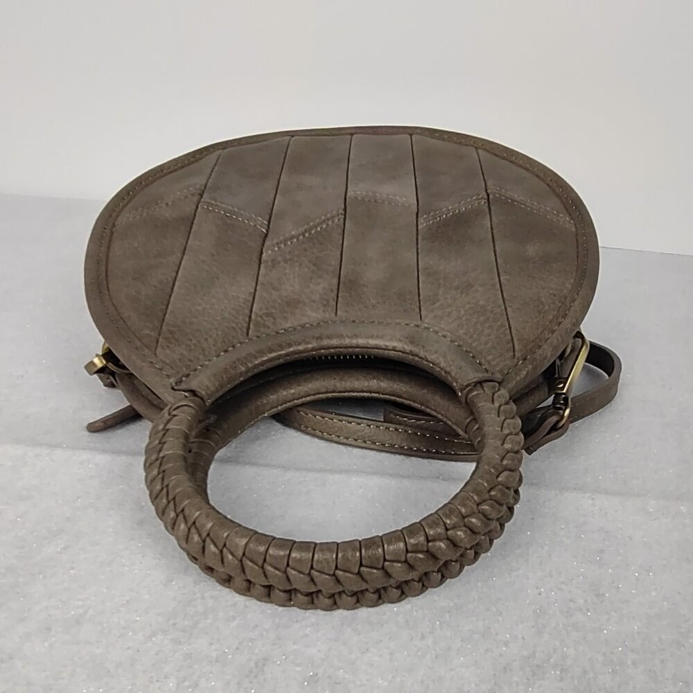 Antik Kraft Round Crossbody Bag Gray Brown Faux Leather Braided Handle - Picture 6 of 14